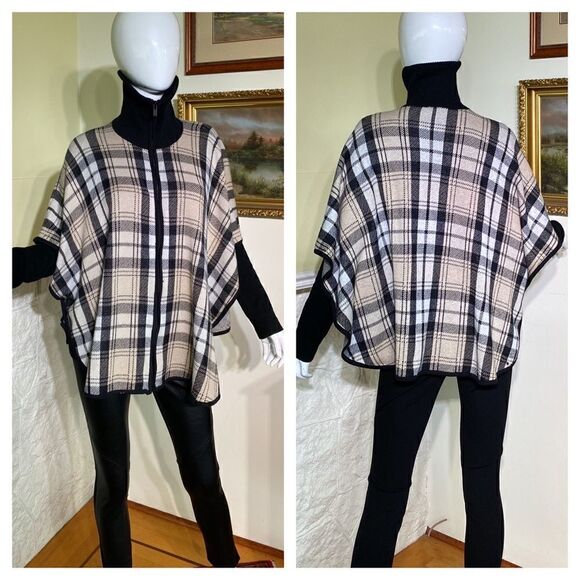 Jones New York Plaid Wool Blend Zip Up Cape/Poncho - Picture 2 of 16